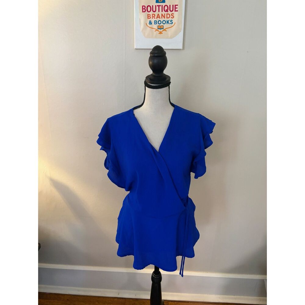 Monteau Los Angeles Royal Blue Wrap Peplum Blouse Ruffle Sleeve Size L
